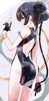 1girl a1u absurdres ass backless_dress backless_outfit black_dress black_gloves black_hair blue_archive braid bun_with_braided_base china_dress chinese_clothes commentary double_bun dragon_print dress earrings from_behind gloves grey_eyes grey_halo hair_bun half_gloves halo hand_up highres jewelry kisaki_(blue_archive) long_hair looking_at_viewer looking_back open_mouth print_dress sleeveless sleeveless_dress solo twintails