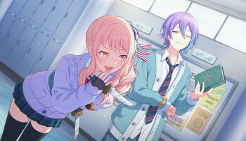 1boy 1other :3 :d ;3 akiyama_mizuki aqua_cardigan aqua_streaks bent_over black_gloves black_thighhighs blue_pants blue_skirt book bow bowtie brown_ribbon buttons cardigan closed_mouth collarbone collared_shirt colorful_palette diagonal-striped_bow diagonal-striped_bowtie diagonal-striped_clothes diagonal-striped_necktie dot_nose drill_hair drill_ponytail drill_sidelocks earrings fingerless_gloves funsai_seyo!_unvalentine_no_fukushuu_(project_sekai) game_cg gloves hair_ribbon half-closed_eye hallway hand_on_own_face hand_up high_side_ponytail highres holding holding_book holding_knife indoors jewelry kamishiro_rui kamiyama_high_school_uniform_(project_sekai) knife long_hair looking_at_another male_focus multicolored_hair necktie official_art one_eye_closed open_cardigan open_clothes open_mouth other_focus pants pink_eyes pink_hair pleated_skirt poster_(object) project_sekai prop_knife purple_cardigan purple_hair ribbon school school_uniform shirt short_hair sidelocks skirt smile smug squiggle star_(symbol) streaked_hair striped_bow striped_bowtie striped_clothes thighhighs third-party_source two-tone_ribbon upper_body watch white_ribbon white_shirt wristwatch wristwatch_over_clothes yellow_eyes zettai_ryouiki