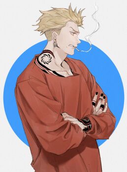 1boy arm_tattoo black_nails blonde_hair cigarette collarbone commentary crossed_arms earrings english_commentary enjin_(gachiakuta) finger_tattoo from_side gachiakuta hand_tattoo highres jewelry male_focus mouth_hold neck_tattoo red_shirt ruya098765 shirt short_hair shoulder_tattoo simple_background smoke solo tattoo undercut