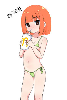 1girl absurdres bikini breasts brown_eyes cameltoe cup daughter_(yoru_mac) drinking drinking_straw female_focus green_bikini groin highres loli looking_at_viewer mcdonald's micro_bikini navel orange_hair pruzhka_(wardi113) short_hair side-tie_bikini_bottom simple_background small_breasts solo standing stomach swimsuit thighs yoru_mac