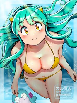 1girl aqua_hair bikini breasts cleavage cone_horns eyelashes halterneck highres horns kenken28937178 long_hair looking_at_viewer lum navel orange_eyes pointy_ears side-tie_bikini_bottom solo swimsuit underwear urusei_yatsura yellow_bikini