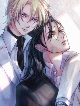 2boys aged_down alternate_costume alternate_hairstyle arm_around_neck ascot bandaid bandaid_on_cheek bandaid_on_face bandaid_on_forehead bindi black_hair blonde_hair blue_eyes closed_mouth collar earrings eyebrows eyelashes eyes_visible_through_hair final_fantasy final_fantasy_vii final_fantasy_vii_remake formal_clothes hair_between_eyes highres jewelry looking_at_viewer male_focus multiple_boys ponco_pacoooon rufus_shinra short_hair square_enix suit tseng turks_(ff7) watch wing_collar wristwatch yaoi