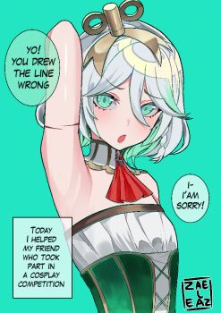 1boy aqua_background arm_up armpits artist_logo artist_name ascot bare_shoulders blue_eyes cecilia_immergreen cecilia_immergreen_(cosplay) commentary cosplay crossdressing crossdressing_(mtf) detached_collar dress english_commentary english_text engrish_commentary hololive hololive_english jaheterbang logo looking_at_viewer male_focus open_mouth original presenting_armpit red_ascot short_hair simple_background solo speech_bubble strapless strapless_dress trap upper_body v-shaped_eyebrows virtual_youtuber white_hair