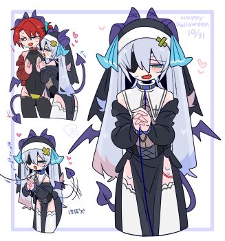 1boy 2boys :d bare_shoulders belt black_cardigan black_corset black_hair black_leotard black_pants black_veil blood blue_collar blue_eyes blue_hair blue_scrunchie bound bound_wrists cardigan collar collarbone colored_tips commentary corset covered_navel cowboy_shot crossdressing crossdressing_(mtf) cuffs dated demon_boy demon_horns demon_tail double-parted_bangs english_text eyepatch fang fangs fishnets flipped_hair hair_between_eyes hair_ornament handcuffs hands_up heart highleg highleg_leotard highres horns leaning_forward leotard long_hair long_sleeves looking_at_another looking_at_viewer low_wings male_focus mini_wings mismatched_pupils motion_lines multicolored_hair multiple_boys multiple_views no_nose nosebleed nun off_shoulder one_eye_covered one_side_up op_na_yarou open_cardigan open_clothes open_mouth original own_hands_clasped own_hands_together pants parted_bangs pelvic_curtain purple_horns purple_tail purple_wings quad_tails raised_inner_eyebrows red_cardigan red_eyes red_hair rigel_(op_na_yarou) scrunchie see-through_clothes see-through_shirt shirt short_hair side_slit sidelocks simple_background smile straight_hair sweat sweatdrop tail tail_wagging thighhighs thighs trap two-tone_hair v-shaped_eyebrows veil very_long_hair vibrator_cord watermark white_background white_hair white_thighhighs wings x_hair_ornament