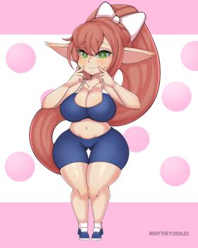 1girl alternate_species bike_shorts blue_shoes blue_shorts blue_sports_bra bow breasts brown_hair closed_mouth collarbone doki_doki_literature_club eyebrows_hidden_by_hair eyelashes female_focus finger_to_mouth full_body green_eyes hair_bow hands_up highres index_finger_raised large_breasts long_hair looking_at_viewer midriff monika_(doki_doki_literature_club) navel nerftheyordles pink_background ponytail shoes shorts shortstack simple_background smile sneakers socks solo sports_bra thigh_gap thighs two-tone_background very_long_hair white_background white_bow white_socks wide_hips yordle