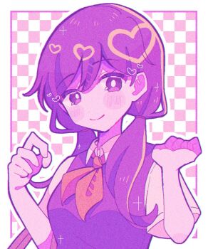 1girl alternate_hairstyle blush breasts bright_pupils closed_mouth collared_shirt colored_skin commentary commentary_request long_hair looking_at_viewer low_twintails mari_(headspace)_(omori) mari_(omori) neckerchief omori purple_eyes purple_hair purple_sweater_vest red_neckerchief shirt short_sleeves small_breasts smile solo sweater_vest symbol-only_commentary twintails white_pupils white_shirt white_skin yo_(wetpotatosunsun)