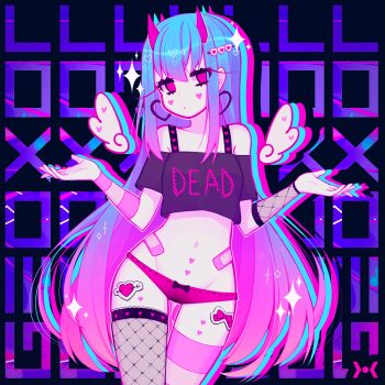 1girl ariimaw bandaid blush body_writing clitoris cowboy_shot hair_ornament heart heart_hair_ornament highres horn_ornament horns long_hair net_stockings no_panties phone pussy_piercing solo sparkle sticker tagme taking_picture thighhighs third-party_edit wings