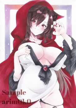 1girl animal_ears arim0k0 artist_name black_panties blush breasts cleavage closed_mouth commentary cosplay cowboy_shot fingernails groin halloween halloween_costume highres huge_breasts imaizumi_kagerou little_red_riding_hood_(fairy_tale) little_red_riding_hood_(fairy_tale_character) little_red_riding_hood_(fairy_tale_character)_(cosplay) long_fingernails marker_(medium) panties red_eyes red_hood red_nails sample_watermark smile solo touhou traditional_media underwear watermark wolf_ears wolf_girl