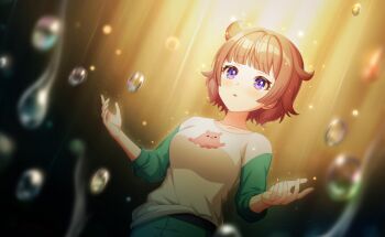 1girl ahoge air_bubble blurry blush breasts brown_hair bubble collarbone commentary_request depth_of_field game_cg highres large_breasts long_sleeves looking_at_viewer official_art pants purple_eyes sasuga_chisa shirt short_hair solo third-party_source water_drop world_dai_star
