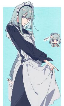 18trip 1boy alternate_costume androgynous apron apron_lift aqua_background aqua_hair aqua_nails azekawa_kinari black_dress bob_cut border cake center-flap_bangs chibi chibi_inset closed_mouth clothes_lift colored_eyelashes commentary crossdressing crossdressing_(mtf) cuff_links dress enmaided expressionless feet_out_of_frame food frilled_apron frills fruit highres holding holding_plate jitome long_sleeves looking_at_viewer looking_down maid maid_apron maid_headdress male_focus male_maid medium_hair multiple_views nail_polish outside_border pakashan pink_eyes plate sidelocks solo standing strawberry symbol-only_commentary white_apron white_border