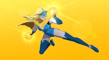 blonde_blazer blonde_hair blue_gloves blue_leotard bodysuit bodysuit_under_clothes boots breasts cape dispatch dynamic_pose eye_mask gem gloves glowing glowing_eyes hand_up highres leotard mask medium_breasts non-web_source official_art outstretched_leg pink_lips red_gemstone thick_thighs thigh_boots thighs toned toned_female white_bodysuit yellow_cape