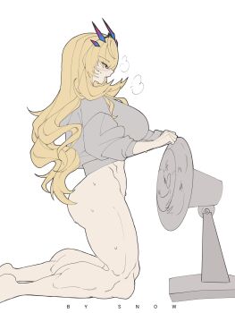 1girl artist_name ass barefoot barghest_(fate) blonde_hair blush bottomless breasts clothes_lift commentary electric_fan english_commentary english_text fanning fanning_crotch fate/grand_order fate_(series) from_side grey_sweater heavy_breathing highres horns kneeling large_breasts long_hair long_sleeves muscular muscular_female open_mouth profile sidelocks simple_background sleeves_rolled_up solo suhyeon sweat sweater sweater_lift white_background