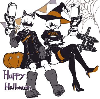 1boy 1girl 2b_(nier:automata) 9s_(nier:automata) animal_ear_hairband animal_ears animal_feet animal_hands black_boots black_choker black_dress black_gloves black_hat black_jacket black_shorts black_thighhighs black_visor blindfold boots breasts candy choker cleavage cleavage_cutout closed_mouth clothing_cutout crossed_arms crossed_legs dress fake_animal_ears feather_trim floating food full_body gloves hair_over_one_eye hairband happy_halloween hat high_heel_boots high_heels highres holding holding_candy holding_food holding_lollipop holding_wand jacket juliet_sleeves lollipop long_sleeves medium_breasts mole mole_under_mouth nekoyana nier:automata nier_(series) open_mouth pendant_choker pennant pod_(nier:automata) puffy_sleeves robot short_hair shorts side_slit silk sitting spider_web thighhighs thighs trick_or_treat wand werewolf_costume white_background white_hair witch witch_hat