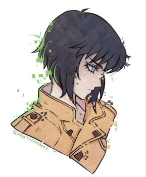 android black_hair blue_eyes ghost_in_the_shell glitch_effect highres jacket kusanagi_motoko scarlettrambles