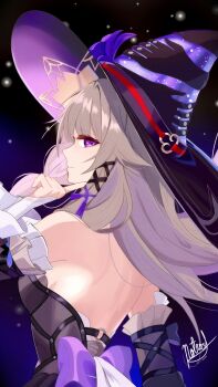 absurdres bare_shoulders bow breasts finger_to_mouth flower frills from_behind herta_(honkai:_star_rail) highres honkai:_star_rail honkai_(series) looking_at_viewer lying medium_breasts naughty_face no_bra on_back purple_bow purple_eyes purple_flower smug strap the_herta_(honkai:_star_rail) witch yuuki-yow