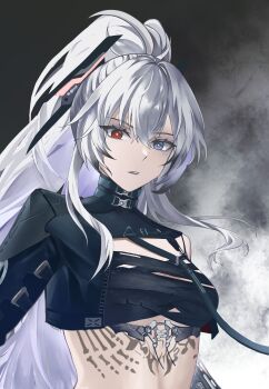 Rule 34 | 1girl, absurdres, alpha: crimson weave (hunt of retribution) (pgr), alpha (pgr), alternate costume, asymmetrical clothes, bandaged chest, bandages, black lips, blue eyes, bone tattoo, breasts, chest tattoo, commentary, english commentary, gradient background, grey background, hair between eyes, heterochromia, highres, long hair, looking at viewer, official alternate costume, ponytail, punishing: gray raven, red eyes, simple background, small breasts, solo, tattoo, tirufing, white hair