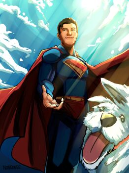 Rule 34 | 1boy, absurdres, artist name, black hair, blue bodysuit, blue sky, bodysuit, cape, cloud, day, dc comics, dog, highres, krypto the superdog, looking at viewer, male focus, male underwear, n0nsensemob, open mouth, outdoors, red cape, red male underwear, short hair, sky, superman, superman (2025), superman (series), underwear, white dog