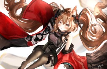 1girl angelina_(arknights) angelina_(distinguished_visitor)_(arknights) animal_ears arknights artist_name bare_shoulders black_dress black_gloves black_thighhighs blush breasts brown_eyes brown_hair chinese_commentary coat commentary_request dress fox_ears gloves hair_between_eyes highres long_hair long_sleeves looking_at_viewer medium_breasts official_alternate_costume parted_lips red_coat red_eyes sitting solo thighhighs twintails very_long_hair wavy_hair
