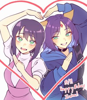 Rule 34 | 2girls, animal ears, birthday, black choker, black hair, blue hair, character name, cho kaguya-hime!, choker, commentary, dated, dual persona, english commentary, forehead jewel, fox ears, green eyes, grin, happy birthday, heart arms, heart arms duo, highres, long sleeves, mole, mole under eye, multicolored hair, multiple girls, open mouth, puffy short sleeves, puffy sleeves, sakayori iroha, sher (imnotsher), short sleeves, smile, two-tone hair, upper body