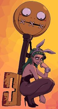 1girl 1other a.b.a animal_ear_hairband animal_ears artist_name backless_leotard bare_shoulders breasts brown_pantyhose commentary fake_animal_ears green_hair guilty_gear guilty_gear_strive hairband high_heels highleg highleg_leotard highres key key_in_head leotard object_through_head pantyhose paracelsus_(guilty_gear) pixel_art playboy_bunny rabbit_ear_hairband rabbit_ears shin_275 small_breasts squatting stiletto_heels stitched_mouth stitches strapless strapless_leotard wrist_cuffs