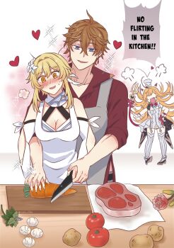 carrot chef_hat cutting egg escoffier_(genshin_impact) flirting flower food fuchsia91 genshin_impact grabbing_another&#039;s_hand hat highres lumine_(genshin_impact) meat plaid_clothes plaid_skirt potato skirt tartaglia_(genshin_impact) tomato