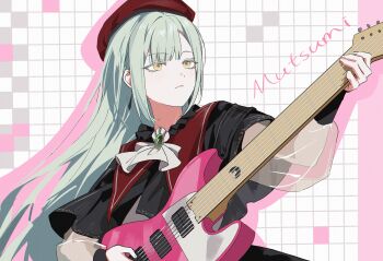Rule 34 | 1girl, ascot, bang dream!, bang dream! it's mygo!!!!!, beret, black capelet, brooch, capelet, character name, chinese commentary, closed mouth, commentary request, drop shadow, green hair, guitar, haitaer, hat, highres, holding, holding guitar, holding instrument, instrument, jewelry, long hair, long sleeves, mortis (bang dream!), mortis (costume) (bang dream!), music, playing guitar, playing instrument, red hat, see-through clothes, see-through sleeves, sidelocks, solo, upper body, wakaba mutsumi, white ascot, yellow eyes
