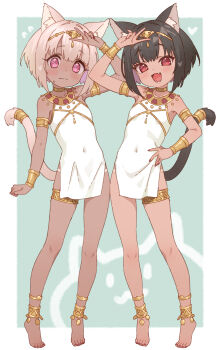2girls ancient_egyptian ancient_egyptian_clothes animal_ears arm_up armlet bangle bare_shoulders barefoot black_hair blush bracelet cat_ears cat_girl cat_tail closed_mouth commentary covered_navel dark-skinned_female dark_skin fang flat_chest forehead_jewel full_body hand_on_own_hip highres jewelry jigatei_(omijin) looking_at_viewer multiple_girls open_mouth original pink_eyes red_eyes short_hair side-by-side simple_background skin_fang smile standing sweatdrop symbol-only_commentary tail tail_ornament tail_ring tareme thighlet tiptoes usekh_collar v