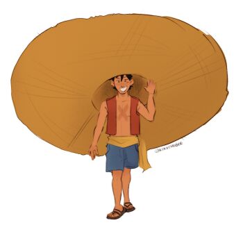 1boy black_hair blue_shorts commentary english_commentary full_body hat highres kikichibee large_hat male_focus monkey_d._luffy one_piece red_vest sandals sash scar scar_on_chest scar_on_face short_hair shorts simple_background smile solo straw_hat twitter_username vest waving white_background yellow_sash