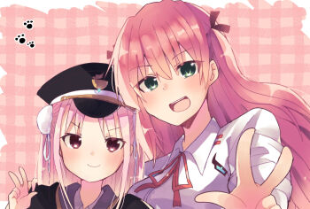 Rule 34 | 2girls, aikawa megumi, black hat, closed mouth, commentary request, green eyes, hair bun, hair ribbon, hair tie, hat, heaven burns red, highres, kunimi tama, long hair, looking at viewer, multiple girls, neck ribbon, open mouth, pink eyes, pink hair, puyopiku, red ribbon, ribbon, shirt, upper body, v, white ribbon, white shirt