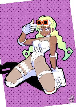 1girl 2025 absurdres artist_logo blonde_hair boots braid breasts choker colored_eyelashes commentary dark-skinned_female dark_skin elbow_pads english_commentary eyewear_on_head finger_gun full_body gloves goggles goggles_on_head gradient_hair green_hair gunsmith_bitch_(psg) highres joelreeves_(realqiaobuyi) kneeling leotard logo looking_at_viewer medium_breasts multicolored_hair open_mouth panty_&amp;_stocking_with_garterbelt pantyhose polka_dot polka_dot_background see-through_pantyhose smile solo thigh_strap twin_braids variant_set white_choker white_eyelashes white_leotard