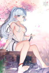 Rule 34 | 1girl, absurdres, ayaka (genshin impact), bare shoulders, barefoot, belt, black belt, blue eyes, blue hair, blunt bangs, blush, branch, breasts, bridge, cherry blossoms, collarbone, commentary request, covered erect nipples, flower, genshin impact, grass, hair ornament, hair ribbon, hair tubes, hand up, highres, korean commentary, leaf, long hair, long sleeves, looking at viewer, medium breasts, mole, mole under eye, navel, open clothes, open shirt, outdoors, petals, pink flower, pink ribbon, ponytail, ribbon, river, shirt, shorts, sitting, sky, solo, stomach, teeth, tree, water, water drop, white shirt, white shorts, white sky, wide sleeves, yeni1871
