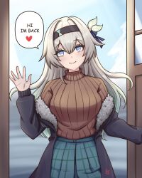Rule 34 | 1girl, absurdres, alternate costume, aqua hair, black coat, black hairband, brown sweater, coat, commentary, firefly (honkai: star rail), fur-trimmed coat, fur trim, grey hair, hairband, hand up, head tilt, heart, highres, honkai: star rail, honkai (series), junachi, long hair, long sleeves, off shoulder, open clothes, open coat, ribbed sweater, smile, solo, speech bubble, sweater, very long hair