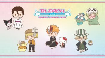 3girls 4boys aizen_sousuke aizen_sousuke_(cosplay) animal bankai belt bleach blonde_hair brown_eyes bucket_hat cane cat copyright_name corocorokuririn crossed_arms facial_mark folding_fan hand_fan hangyodon hat hello_kitty hello_kitty_(character) hirako_shinji hirako_shinji_(cosplay) hollow_mask japanese_clothes kurosaki_ichigo kurosaki_ichigo_(cosplay) mask mask_on_head medium_hair multiple_boys multiple_girls necktie nelliel_tu_odelschwanck nelliel_tu_odelschwanck_(cosplay) orange_hair pants pompompurin promotional_art robe sandals sanrio scar scar_on_face shihakusho shoes short_hair simple_background skull_on_head teeth tensa_zangetsu_(bankai) urahara_kisuke urahara_kisuke_(cosplay)