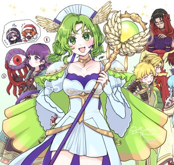! 4girls 6+boys :d aqua_hair armor artur_(fire_emblem) artur_(silver_saint)_(fire_emblem) black_hair blonde_hair blush brown_gloves cape closed_eyes closed_mouth collarbone commentary_request dress earrings eirika_(fire_emblem) elbow_gloves facial_hair fire_emblem fire_emblem:_the_sacred_stones fire_emblem_heroes flying_sweatdrops forde_(fire_emblem) franz_(fire_emblem) gloves goatee green_cape green_eyes green_hair hand_on_another's_head hand_on_own_hip hat highres holding holding_sheath holding_staff hood hood_up jewelry juliet_sleeves knoll_(fire_emblem) l'arachel_(fire_emblem) l'arachel_(justice-armed)_(fire_emblem) long_hair long_sleeves looking_at_viewer lute_(fire_emblem) lute_(limitless_curiosity)_(fire_emblem) misato_hao mogall monster morva_(fire_emblem) multiple_boys multiple_girls musical_note myrrh_(fire_emblem) nintendo official_alternate_costume open_mouth orange_eyes orange_hair puffy_sleeves purple_eyes purple_hair red_hair red_hat santa_hat scabbard seth_(fire_emblem) sheath sheathed short_hair short_hair_with_long_locks shoulder_armor smile spoken_exclamation_mark spoken_musical_note staff sword teeth twintails upper_teeth_only weapon white_background white_dress