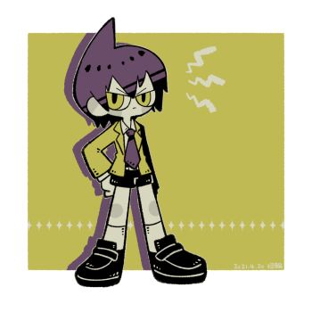 1boy arm_at_side black_footwear blush_stickers border closed_mouth collared_shirt dated drop_shadow frown full_body jacket karin_(100100) knee_blush limited_palette long_sleeves male_focus necktie shaman_king shirt short_hair shorts signature socks solo tao_ren v-shaped_eyebrows white_border