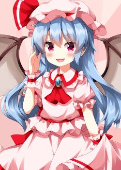 Rule 34 | 1girl, :d, alternate hair length, alternate hairstyle, ascot, bat wings, blue hair, blush, collared shirt, commentary request, cowboy shot, frilled shirt collar, frills, hat, hat ribbon, highres, long hair, looking at viewer, mob cap, open mouth, pink background, pink eyes, pink hat, pink shirt, pink skirt, red ascot, red ribbon, remilia scarlet, ribbon, ruu (tksymkw), shirt, short sleeves, skirt, skirt set, smile, solo, touhou, wings, wrist cuffs