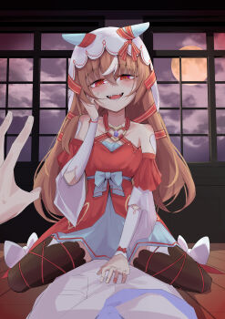 1boy 1girl absurdres animal_ears blush breasts brown_hair cloud collarbone highres horse_ears horse_tail long_hair moon mosseimen555 open_mouth pov pov_hands red_eyes sitting sitting_on_person small_breasts still_in_love_(umamusume) sweat tail teeth thighhighs umamusume veil