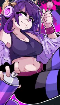 Rule 34 | 1girl, alternate costume, armpits, artist name, artsjohng, bandaid, bandaid on face, bandaid on nose, bare shoulders, black bra, blunt bangs, bra, breasts, chewing, cleavage, commentary, crossover, eating, english commentary, food, food on face, from side, genshin impact, glowing, head tilt, headphones, highres, holding, jacket, jet set radio, large breasts, long hair, long sleeves, looking at viewer, looking to the side, mole, mole under eye, navel, off shoulder, open clothes, open jacket, paint splatter, paint sprayer, pants, purple background, purple eyes, purple hair, purple jacket, raiden shogun, solo, stomach, twitter username, underwear