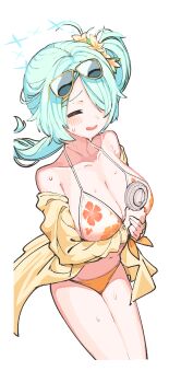 1girl absurdres aqua_hair bare_shoulders bikini blue_archive breasts cleavage closed_eyes commentary eyewear_on_head floral_print floral_print_bikini flower hair_flower hair_ornament hair_over_one_eye halo handheld_electric_fan highres hiyori_(blue_archive) hiyori_(swimsuit)_(blue_archive) large_breasts long_hair mosuroshyu navel official_alternate_costume open_mouth orange_bikini print_bikini side_ponytail simple_background smile solo sunglasses sweat swimsuit white_background