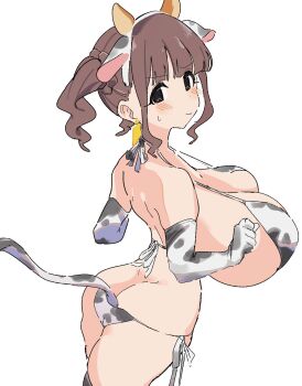 1girl anal anal_beads anal_object_insertion anal_tail animal_ear_hairband animal_ears animal_print ass bad_id bad_twitter_id bare_shoulders bikini black_eyes blush breasts brown_hair butt_crack butt_plug cleavage commentary_request cow_ears cow_girl cow_horns cow_print cow_print_bikini cow_print_gloves cow_tail cowboy_shot ear_tag earrings elbow_gloves embarrassed fake_animal_ears fake_horns fake_tail gloves hairband highres horn_hairband horns huge_breasts jewelry median_furrow micro_bikini object_insertion original osakana_(kitasisn) print_bikini print_gloves sex_toy side-tie_bikini_bottom sidelocks simple_background small_sweatdrop solo standing sugimori_futaba_(osakana) swimsuit tail twintails white_background