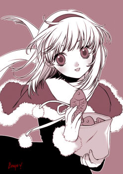 Rule 34 | 1girl, archived source, artist name, bad link, bag, black dress, blush, brown background, brown theme, capelet, dress, eyelashes, fingernails, food, fur-trimmed capelet, fur-trimmed dress, fur trim, hairband, holding, holding bag, holding food, lips, looking at viewer, medium hair, nose blush, open mouth, original, pom pom (clothes), scarf, shirahane nao, simple background, solo, taiyaki, upper body, wagashi, winter clothes