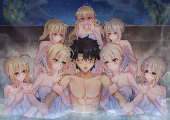 1boy 6+girls absurdres arm_hug artoria_caster_(fate) artoria_pendragon_(fate) artoria_pendragon_(lancer)_(fate) artoria_pendragon_(lancer_alter)_(fate) black_hair blonde_hair blush breasts clone_harem closed_eyes fate/grand_order fate_(series) fujimaru_ritsuka_(male) harem highres large_breasts looking_at_another mixed-sex_bathing multiple_girls multiple_persona mysterious_heroine_x_(fate) mysterious_heroine_x_alter_(fate) naked_towel night night_sky onsen open_mouth outdoors partially_submerged saber_(fate) saber_alter shared_bathing sky star_(sky) starry_sky steam toomishou towel tree water