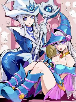 2girls :d absurdres bare_shoulders blue_boots blue_dress blue_hat boots braid breasts cleavage commentary_request cosplay dark_magician_girl dark_magician_girl_(cosplay) dress gem gloves grey_hair hairband hat highres holding holding_staff kashimiya_karua kirifuji_nozomi large_breasts long_hair looking_at_viewer multiple_girls open_mouth purple_eyes red_gem silent_magician silent_magician_(cosplay) smile sparkle staff tabard the_hundred_line_-last_defense_academy- tkiura_runa white_gloves white_hat white_tabard wizard_hat yu-gi-oh!