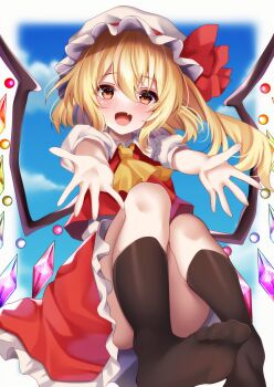 1girl :d ascot black_socks blonde_hair blue_sky blurry blurry_background blush border bow commentary convenient_leg crystal_wings day fang feet flandre_scarlet floating_hair frilled_shirt_collar frilled_skirt frills full_body hair_between_eyes happy hat hat_bow highres kneehighs knees_up legs long_hair looking_at_viewer medium_skirt mob_cap no_shoes open_mouth outdoors outside_border outstretched_arms outstretched_hand red_bow red_eyes red_skirt red_vest shirotsuki_shirone shirt short_sleeves side_ponytail sitting skin_fang skirt sky smile socks soles solo thighs toes touhou vest white_border white_hat white_shirt wings yellow_ascot