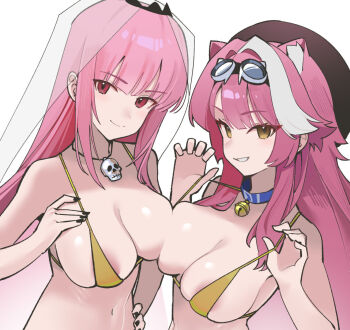 Rule 34 | 2girls, :d, animal ears, areola slip, bell, beret, bikini, black hat, blue collar, blunt bangs, breasts, center-flap bangs, closed mouth, collar, commentary, dismassd, double-parted bangs, english commentary, extra ears, goggles, goggles on head, gold bikini, grin, hand on own hip, hand up, hands up, hat, highres, hololive, hololive english, jewelry, jingle bell, large breasts, long hair, looking at viewer, micro bikini, mori calliope, multicolored hair, multiple girls, neck bell, necklace, open mouth, panther ears, panther girl, pink eyes, pink hair, raora panthera, see-through clothes, see-through veil, sidelocks, simple background, single hair streak, skull necklace, smile, straight hair, strap lift, streaked hair, swimsuit, tiara, veil, virtual youtuber, white background, white streaks, yellow eyes