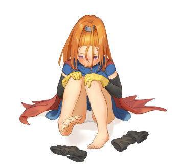 Rule 34 | 1girl, arinsu (kodamamaimai), averting eyes, barbara (dq6), barefoot, blue dress, blush, cape, dragon quest, dragon quest vi, dress, feet, foot focus, full body, gloves, hair tubes, hands on own knees, high ponytail, highres, knees to chest, knees up, long hair, looking to the side, metal hair tubes, orange hair, panties, pantyshot, ponytail, purple eyes, red cape, short dress, short sleeves, sitting, socks, solo, underwear, unworn socks, upskirt, white panties, yellow gloves