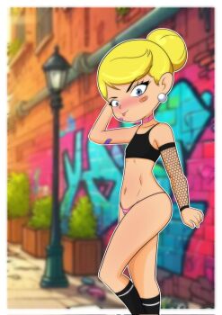 bandaid bandaid_on_face blonde_hair blue_eyes choker earrings fishnet_sleeves fishnets graffiti hair_bun hand_on_own_head lola_loud loli looking_at_viewer panties pearl_earrings public_indecency smile sports_bra the_loud_house tongue tongue_out underwear valker