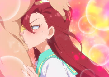 1boy 1girl aozora_middle_school_uniform blush censored clothed_female_nude_male deepthroat fellatio green_sailor_collar hand_on_another's_head hands_on_another's_head hetero irrumatio jcm2 long_hair mosaic_censoring nude oral penis precure purple_eyes red_hair sailor_collar school_uniform solo_focus sweatdrop takizawa_asuka tropical-rouge!_precure upper_body