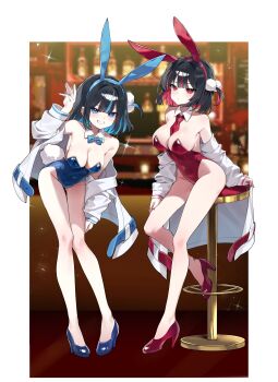 absurdres alternate_costume animal_ear_hairband animal_ears bada_(jksh5056) bare_shoulders black_hair black_survival blue_hair blue_hairband blue_leotard blue_ribbon blue_shoes breasts covered_navel debi_(black_survival) eternal_return:_black_survival fake_animal_ears hairband high_heels highres jacket large_breasts leotard looking_at_viewer marlene_(black_survival) medium_hair multicolored_hair necktie playboy_bunny rabbit_ear_hairband rabbit_ears red_hair red_hairband red_leotard red_necktie red_shoes ribbon shoes thighs two-tone_hair white_jacket