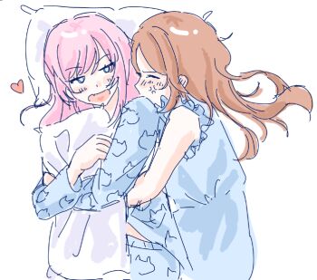 2girls anger_vein bang_dream! bang_dream!_it&#039;s_mygo!!!!! blue_dress blue_eyes blue_shirt brown_hair chihaya_anon closed_eyes commentary cuddling dress heart hug hug_from_behind hugging_object long_hair multiple_girls nagasaki_soyo open_mouth pajamas pillow pillow_hug pink_hair puffsusu shirt simple_background white_background yuri